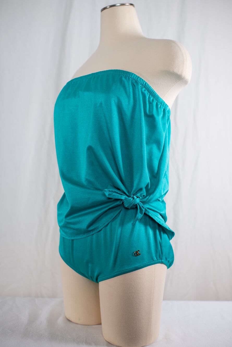 Vintage 1980s Swimsuit, Oleg Cassini Teal Strapless Tankini Sz 16 XL Rare Swim